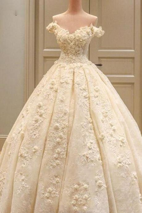 Off The Shoulder Short Sleeve Wedding Dress with Flowers 