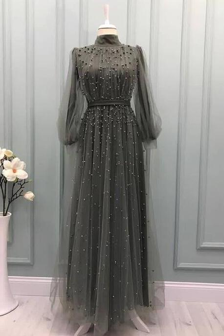 Grey Tulle Long Prom Dress, Evening Dress