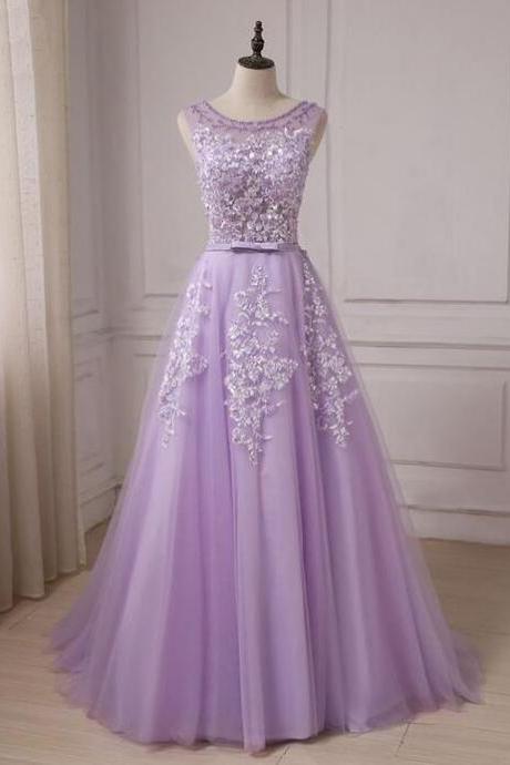 Lavender Tulle Lace Applique Long Teen Party Dress
