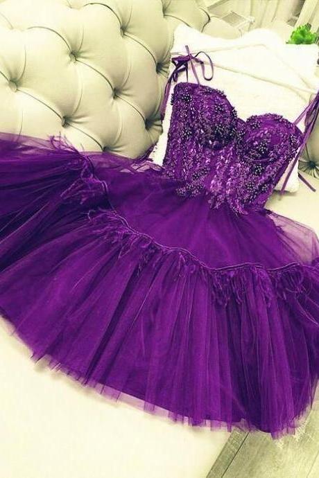 Sweetheart Purple Homecoming Dresses With Tulle Ruffles