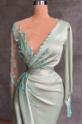Mint Green Evening Dresses With Sleeves