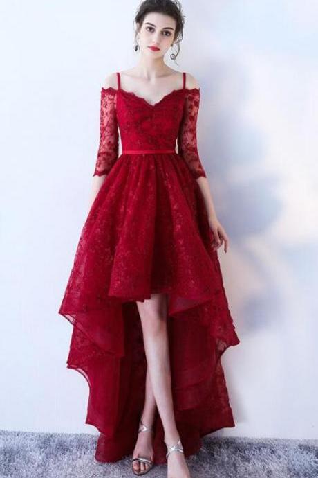 A Line High Low Burgundy Lace Short Prom Dress