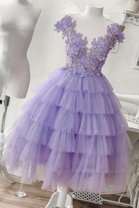 A Line Purple Tulle Short Prom Dress, Simple Evening Dress
