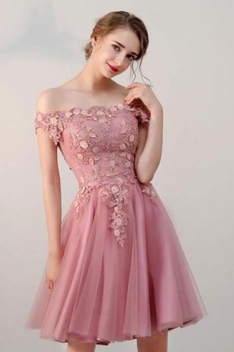 Charming Pink Tulle Lace Short Prom Dress
