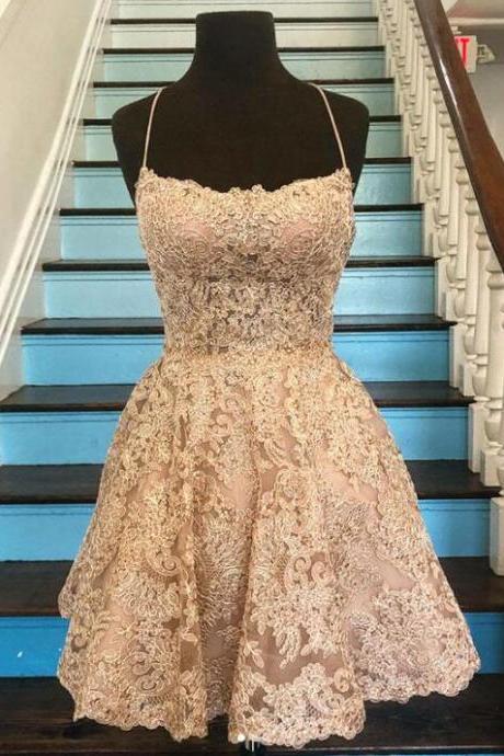 Beauty Champagne Short Prom Dress With Lace
