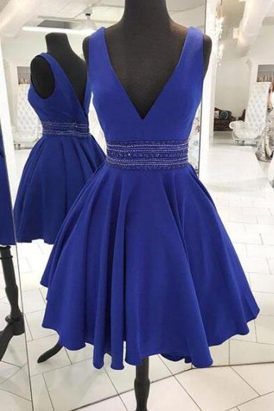 v neck satin blue short prom dress, blue homecoming dress