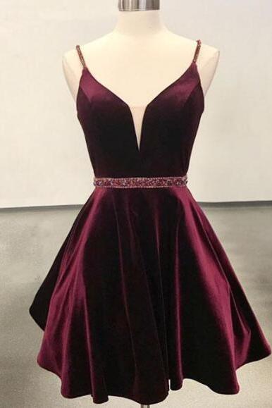 Velvet Short Burgundy Prom Dress, Burgundy Homecoming Dress