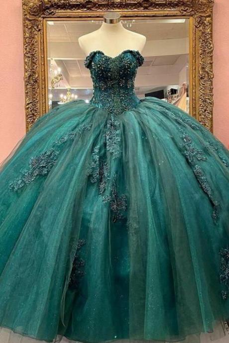 Off Shoulder Green Ball Gown Prom Dress