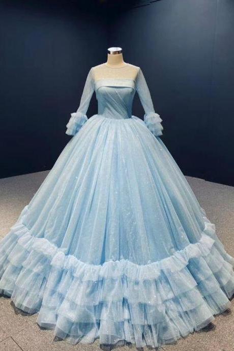Ball Gown Tulle Long Sleeve Pleats Prom Dress
