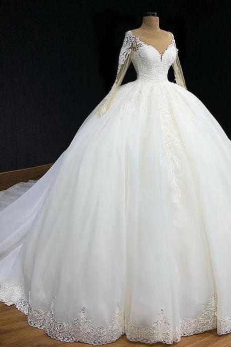 Ball Gown V Neck White Tulle Lace Wedding Dresses