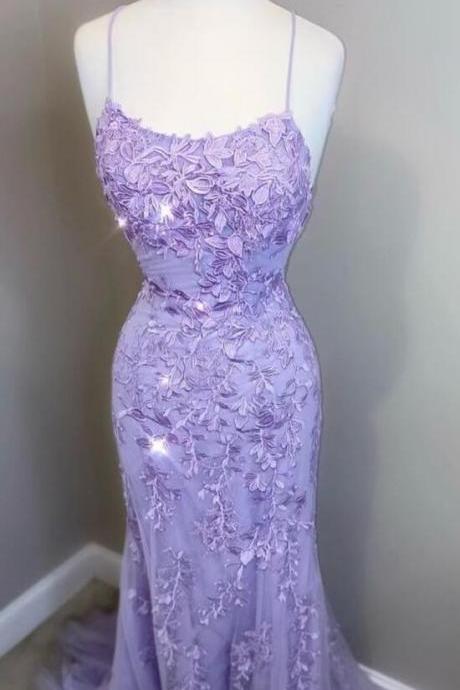 Simple Lavender Lace Long Prom Dress