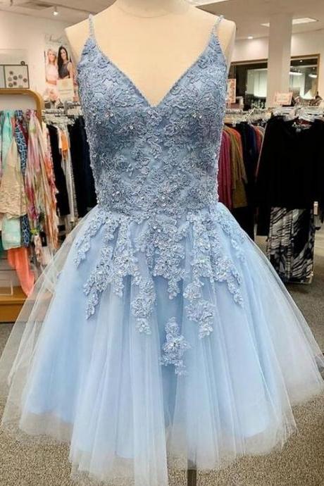 V Neck Blue Lace Appliques Short Homecoming Dresses