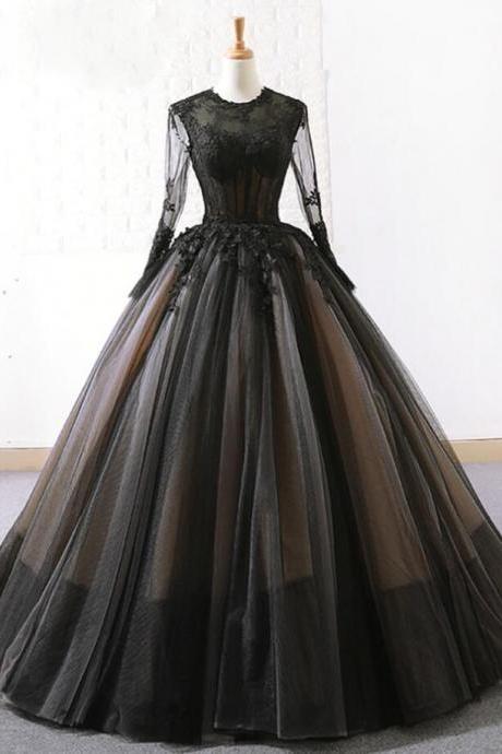 Floor Length Black Tulle Lace Long Sleeve Prom Dress
