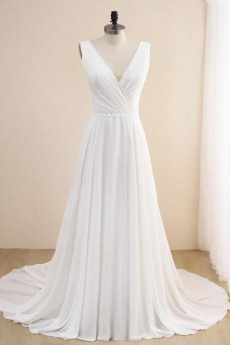 V-neck Hiffon Bride Dress Sweep Train Wedding Dress