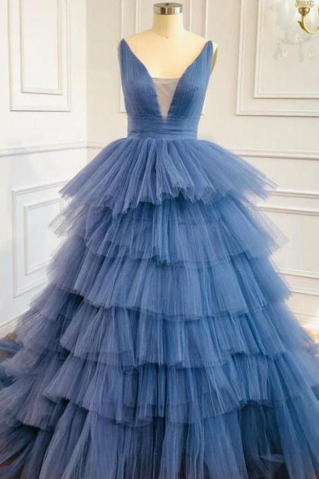 V Neck Blue Tiered Long Formal Gown