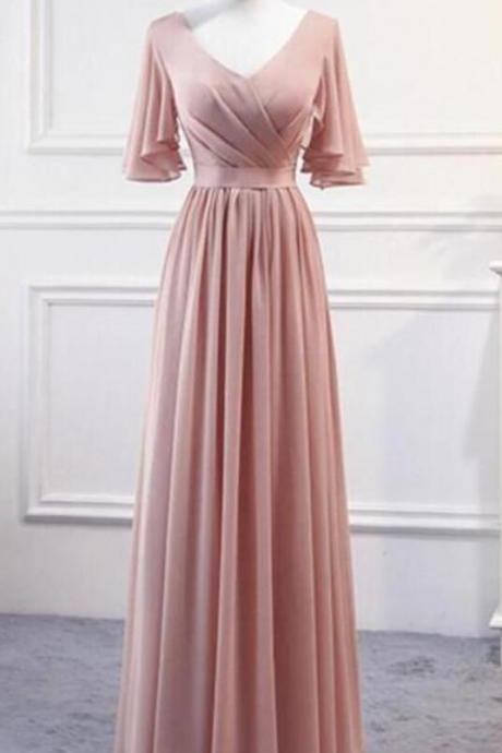 A Line Long Pink Chiffon Bridesmaid Dresses