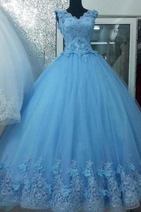 Sky Blue Prom Dresses V Neck Lace Appliques Evening Dress