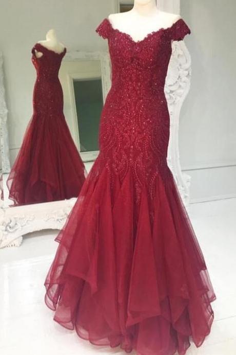 Burgundy Lace Appliques Prom Dresses