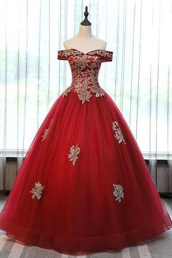 Burgundy Tulle Off Shoulder Prom Dress With Lace Applique
