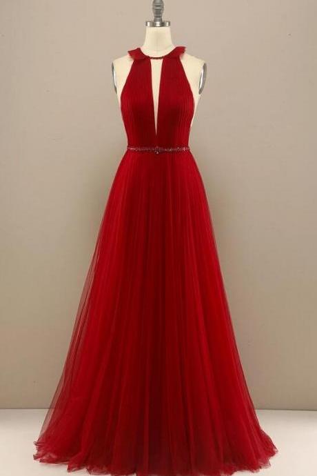 A Line Red Long Chiffon Prom Dress