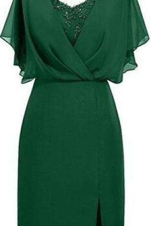 Green V-neck Knee-Length Chiffon Prom Dress