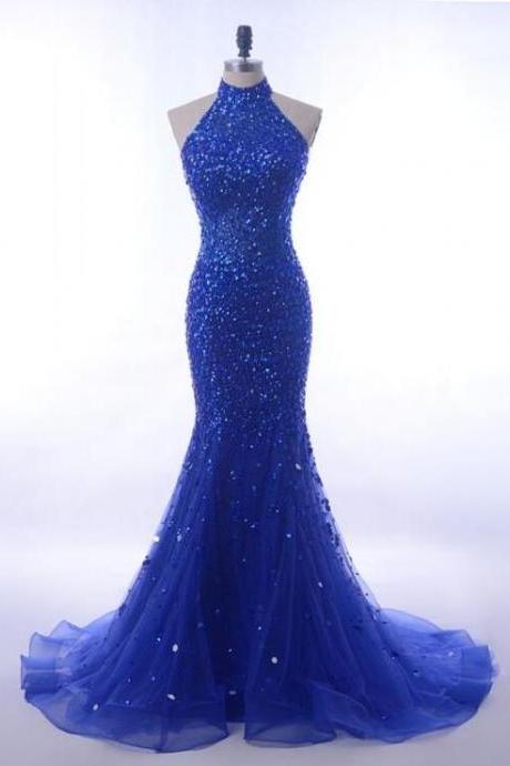 Sequin Crystals Evening Party Dress Long Royal Blue Mermaid Prom Dresses