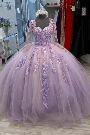 Beauty Lavender Lace Tulle Prom Dress