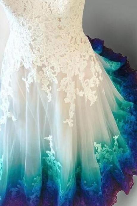 A-line Sweetheart Ombre Lace Long Prom Dresses