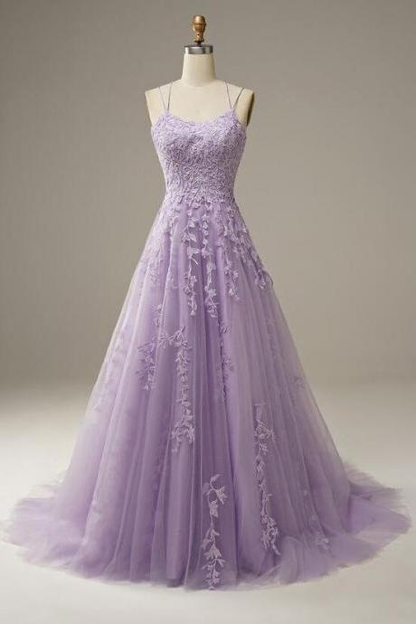 Spaghetti Straps Lilac Lace Prom Dress