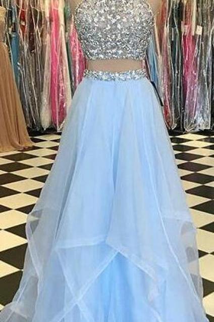Simple Light Blue Prom Dresses With Pearls Beaded
