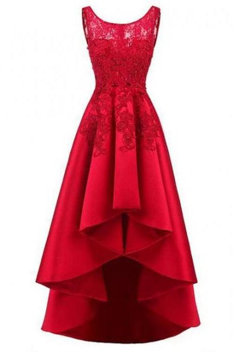 Red Lace Satin Prom Dress, High Low Prom Dress