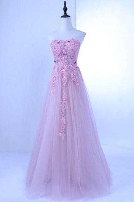 Sweetheart Pink Tulle Long Lace Appliqué Prom Dress