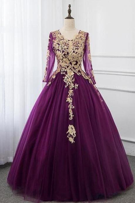 Purple Tulle Long Sleeves With Lace Applique