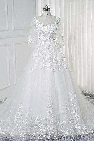 Lace Flowers Half Sleeves Bridal Wedding Dress