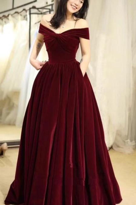 Off Shoulder Elegant Velvet Long Party Dress, Prom Dresses