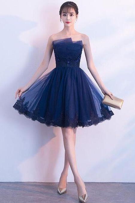 Dark Blue Tulle Lace Short Prom Dress, Homecoming Dress