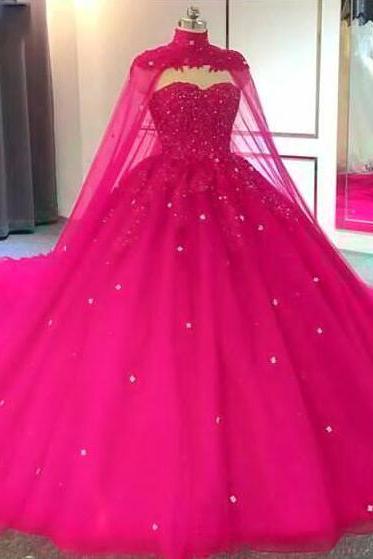 Pink Detachable Cape Quinceanera Ball Gown Dress