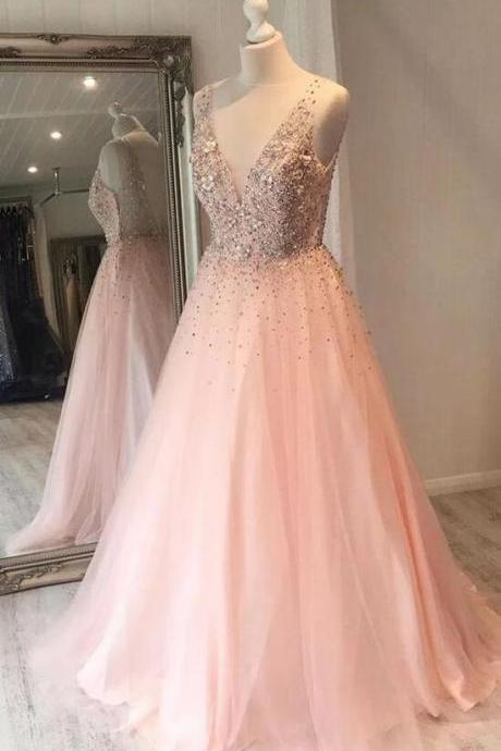 Beauty A Line V Neck Pink Long Prom Dress