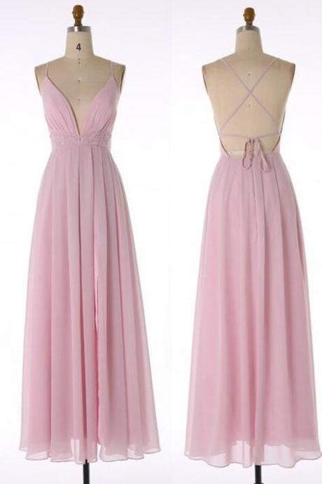 Spaghetti Straps Pink Bridesmiad Dress