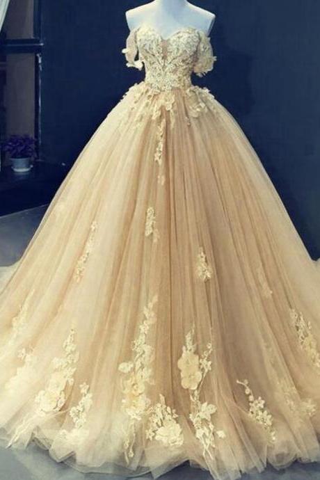 Princess Champagne Prom Dresses Tulle Ball Gown Prom Dress