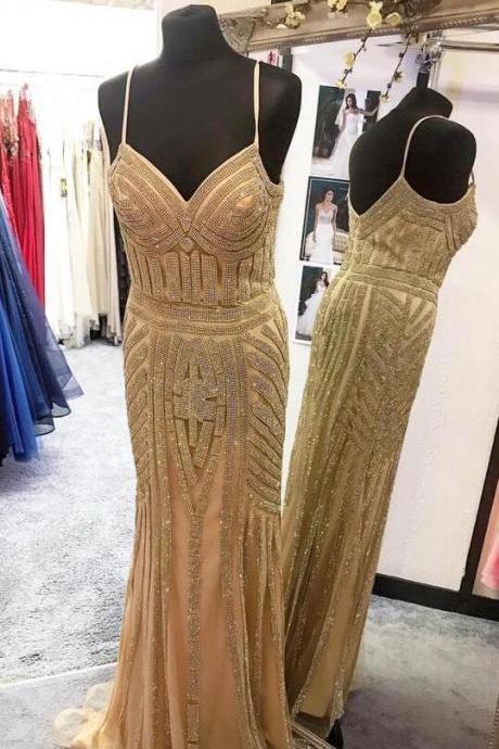Gold Straps Beading Long Prom Dress