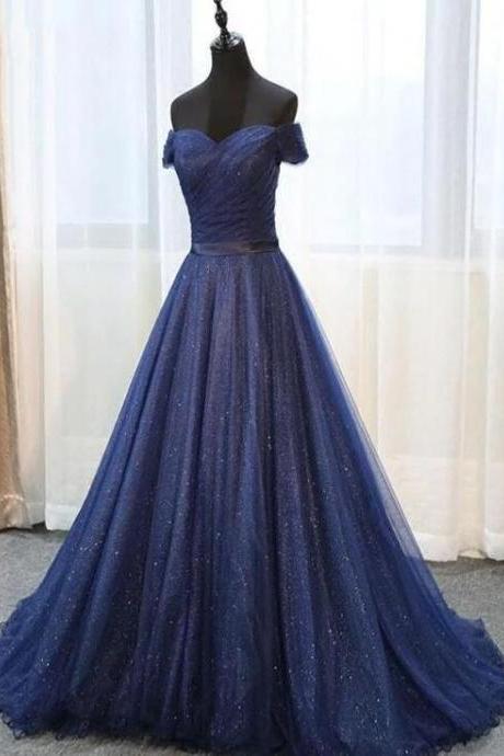 Off Shoulder Formal Evening Dress, Navy Blue Tulle Prom Dress