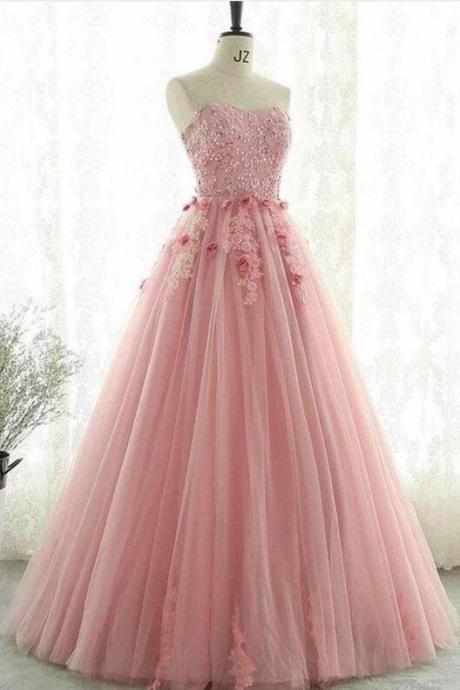 Blush Pink Sweetheart Party Dress, Lace Tull Prom Dress