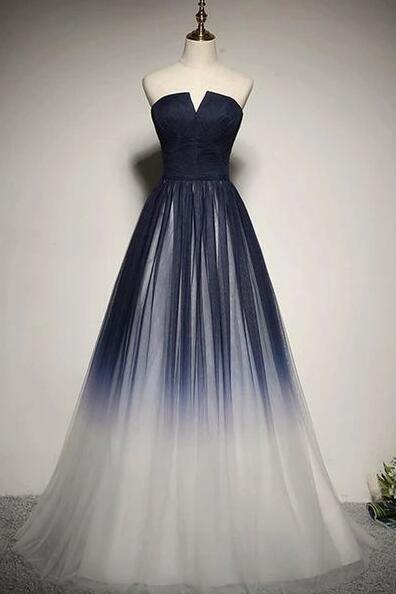 Navy Blue Gradient Tulle A-line Prom Dress