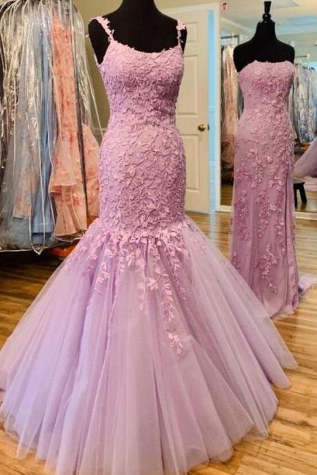 A Line Pink Lace Long Prom Dresses