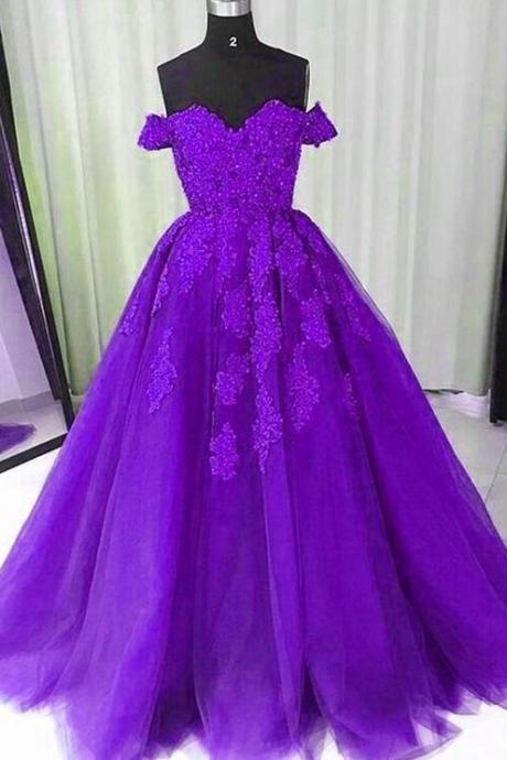 A Line Off The Shoulder Lace Purple Prom Dress