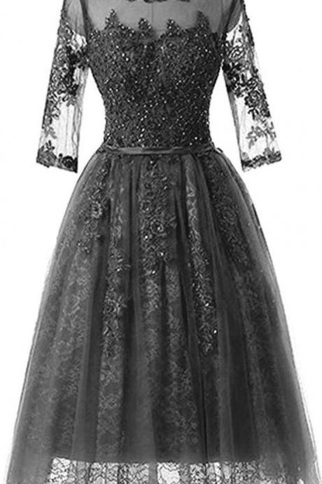 Long Sleeve Lace Evening Gown Black