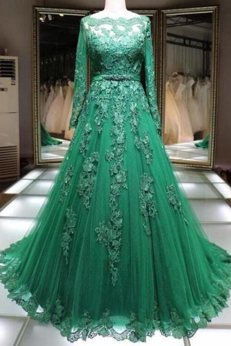 Green Floor Length Formal Evening Dress With Long Sleeves