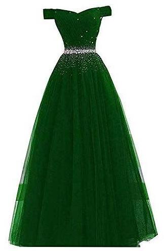 Off The Shoulder Green Tulle Long Prom Dress