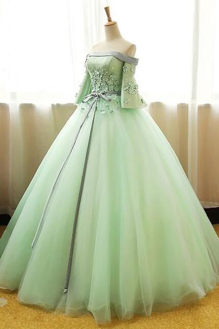 Off Shoulder Mint Green Tulle Prom Dress With Lace Applique